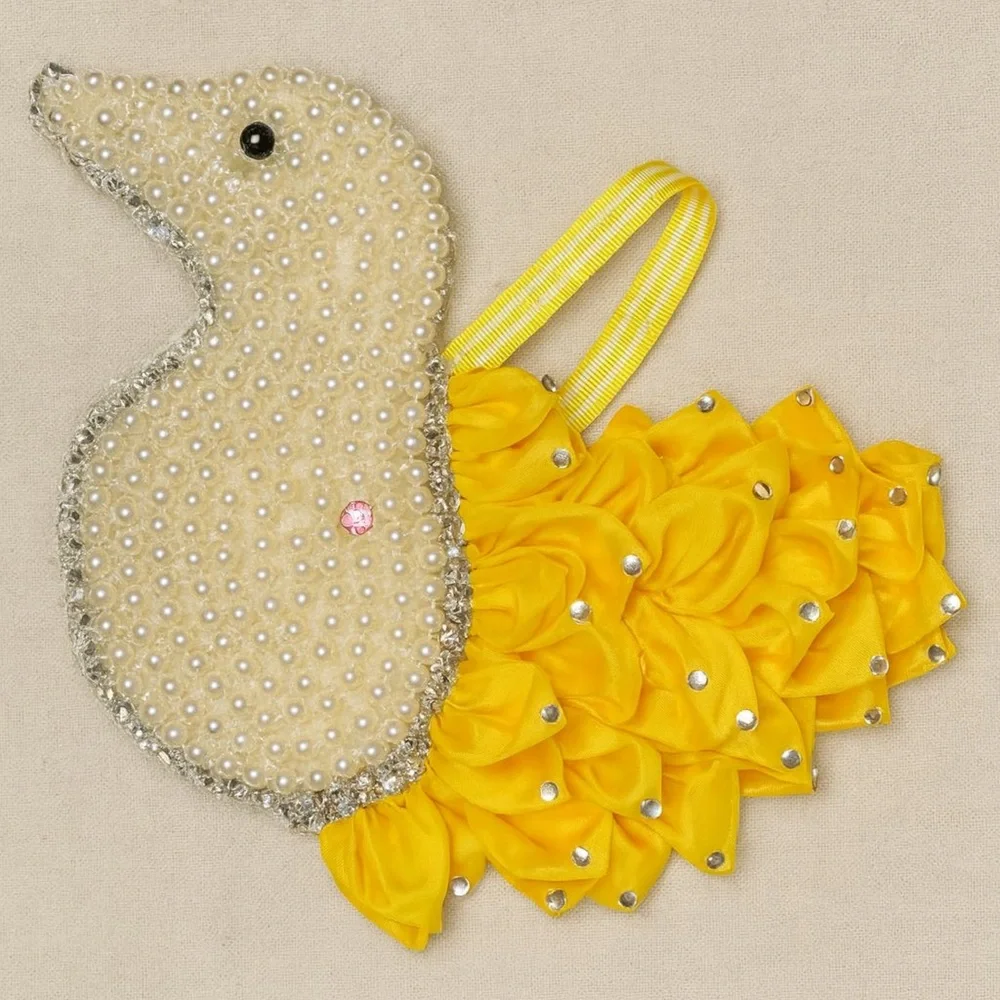 Handmade Beaded Bird Ornament Pair-Yellow & Purple Satin Ribbon with PearlsDecor